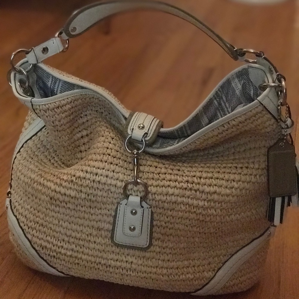 Coach Straw Handbag with Leather Trim